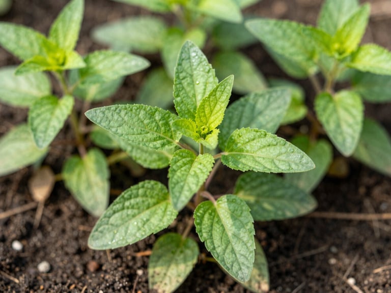 Crisp botanical photography of lush green Brahmi plants growing in rich, dark soil, bright natural morning light, macro depth of field