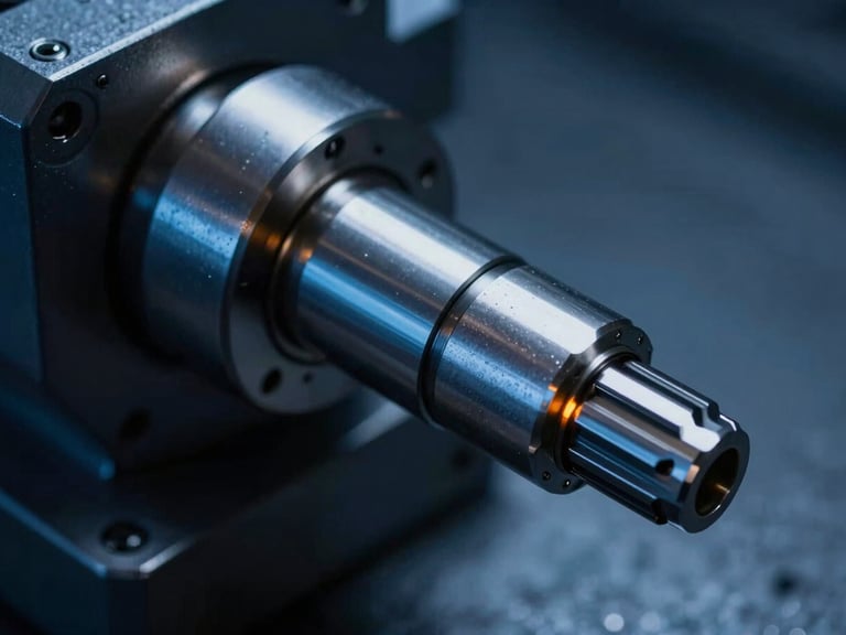 Close-up of a steel CNC spindle with cool blue ambient lighting and a subtle orange indicator light, sharp macro focus, dramatic industrial photography