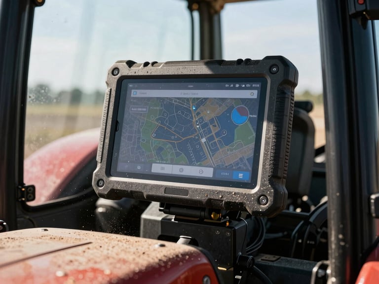 Rugged 10-inch Android tablet mounted in a tractor cab, harsh direct sunlight, dusty environment, high-contrast, 35mm