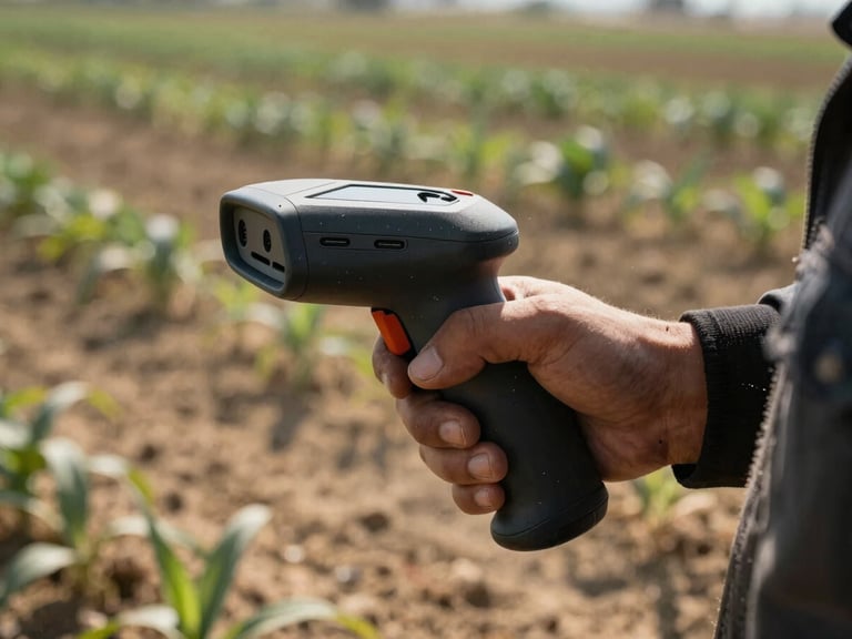 Field worker using a handheld Android scanner in a dusty agricultural setting, close-up on sealed ports, harsh direct sunlight, 35mm