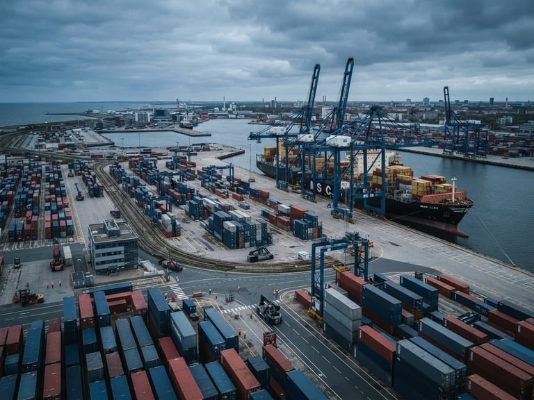 Wide environmental shot of a modern shipping port with cargo containers under cool overcast daylight, sharp architectural focus, 35mm lens