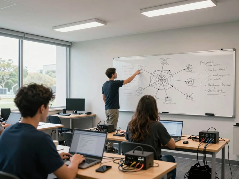 Wide shot of a training room mid-session, instructor at a whiteboard covered in network diagram notes, two participants visible from behind at laptops, natural daylight through large windows, practical overhead fluorescent lighting, cables and lab equipment on desks