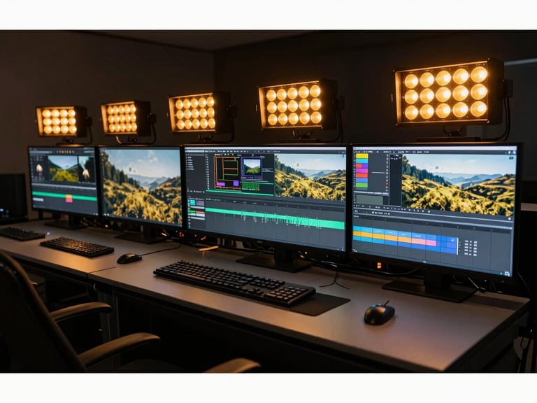 A high-end post-production suite, wide angle, dim ambient lighting with amber tally lights, multiple high-fidelity color grading monitors displaying cinematic landscapes.