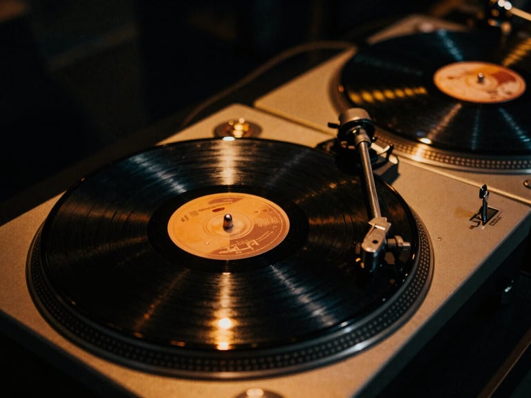 Extreme close-up of vinyl decks and soundboards under moody, low-key concert lighting with a sharp electric amber light leak, 35mm film grain.
