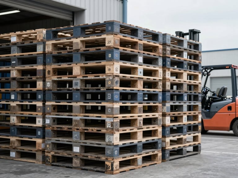 Neatly stacked shipping pallets on a loading dock, a forklift in the background, cool overcast daylight, emphasizing organization and readiness.