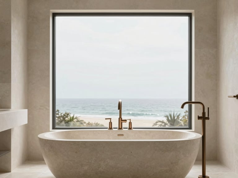 Modern master bathroom, brushed bronze fixtures, freestanding limestone tub, large window with soft coastal daylight, clean architectural lines