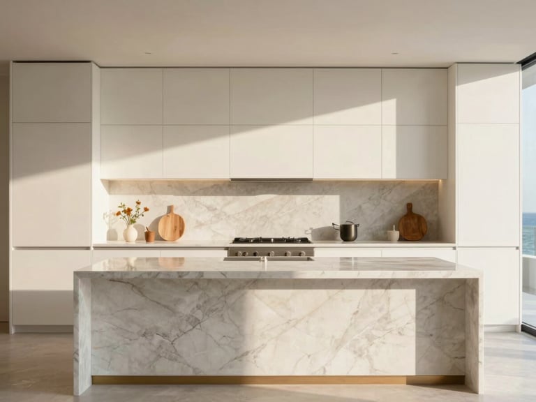 Minimalist luxury kitchen in Miami, white oak custom millwork, seamless marble island, warm morning light, geometric detail crop