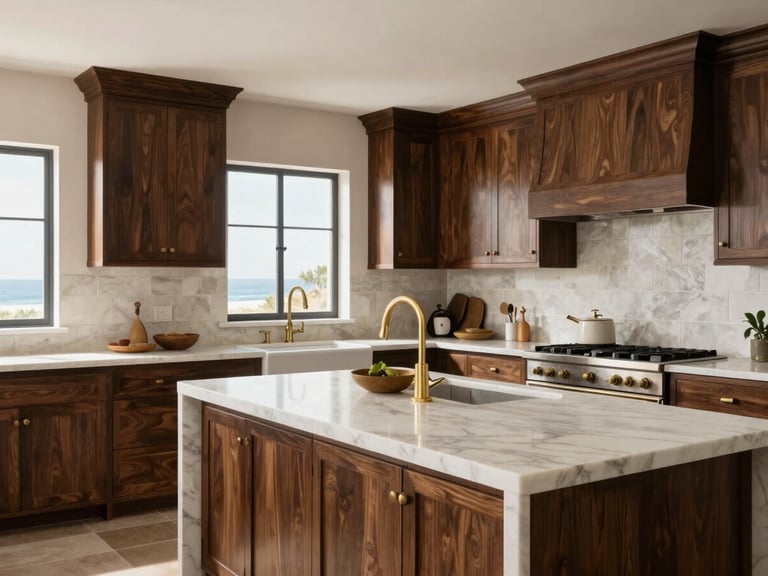 Immaculate custom kitchen with dark oak cabinets, brushed brass fixtures, and a large white marble island under soft diffused daylight.