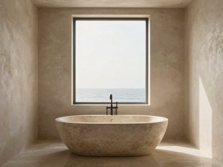 Minimalist luxury bathroom with a freestanding stone tub, textured plaster walls, and warm light filtering through a high window.
