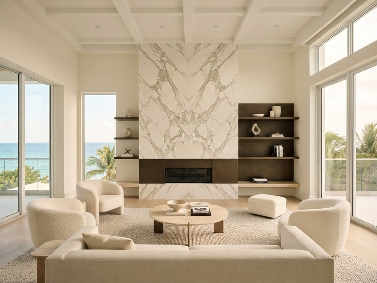 Immaculate minimalist Miami living room with high ceilings, warm diffused coastal daylight illuminating bookmatched marble fireplace and brushed bronze details, wide architectural shot