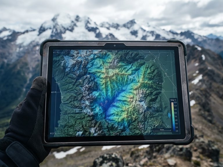 Precision GIS mapping interface displaying microclimate temperature gradients over mountainous terrain, cool overcast daylight, technical data overlays