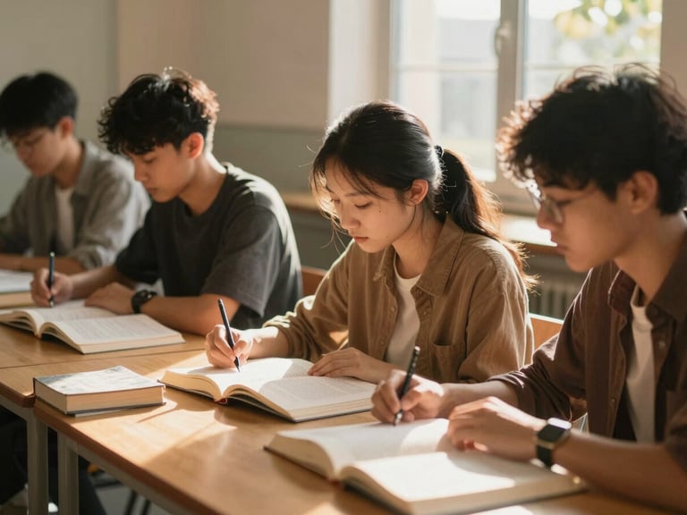 Candid shot of students in a focused learning environment, working together over books, warm golden hour light pouring through a window