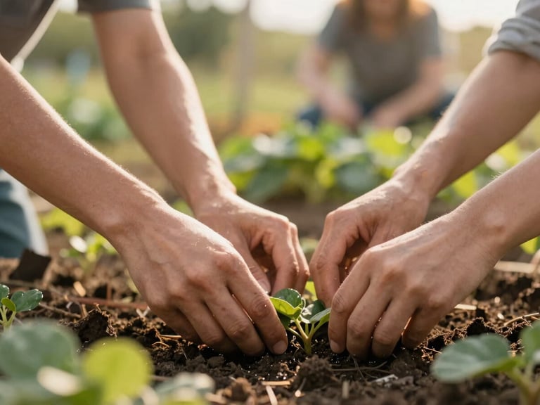 Close-up of hands working together in a vibrant community garden, soft golden hour light, shallow depth of field, warm editorial style.
