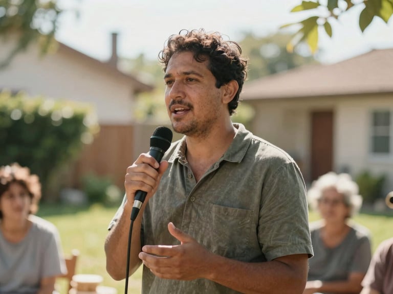 Warm editorial portrait of a community leader speaking in a sunlit neighborhood garden, soft natural daylight, shallow depth of field