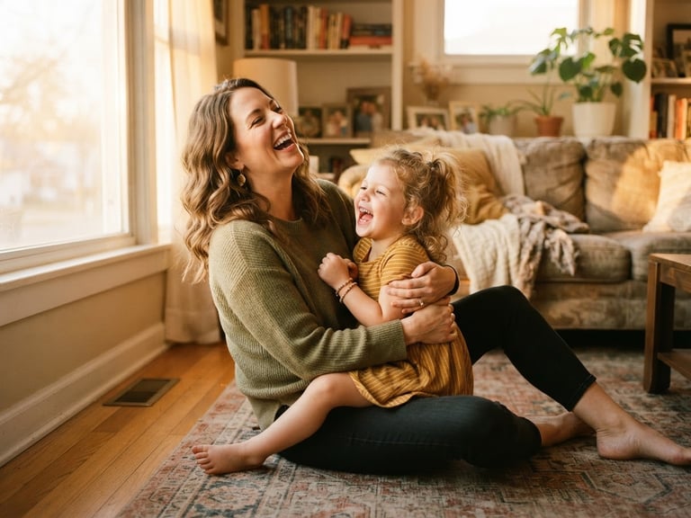 Warm editorial photography of a mother and child laughing together in a sunlit Ohio living room, soft golden-hour window light, candid emotion, shallow depth of field, 35mm