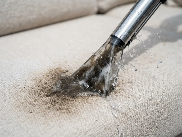 Macro shot of a professional steel extraction wand pulling dark water and dirt from a light-textured sofa fabric, bright daylight, crisp water droplets visible