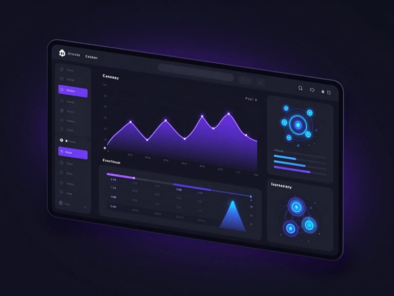 Isometric view of a dark-mode web application dashboard. High-fidelity UI mockup displaying purple and neon blue line charts, glowing data visualization nodes, and clean monospaced layout. Dark obsidian background with subtle violet backglow.