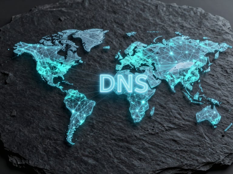 Abstract network visualization of global DNS infrastructure, glowing cyber jade pathways connecting nodes on a dark slate background, high-contrast architectural rendering.