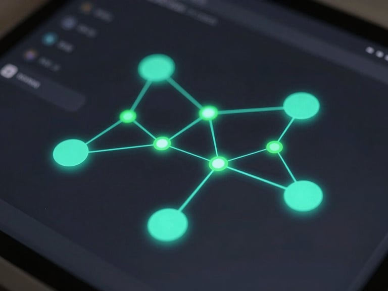 Macro close-up of a sleek dark-mode software interface on a clean screen, glowing abstract nodes representing connected digital workflows, moody neon green and cyan accent lighting, minimalist composition.