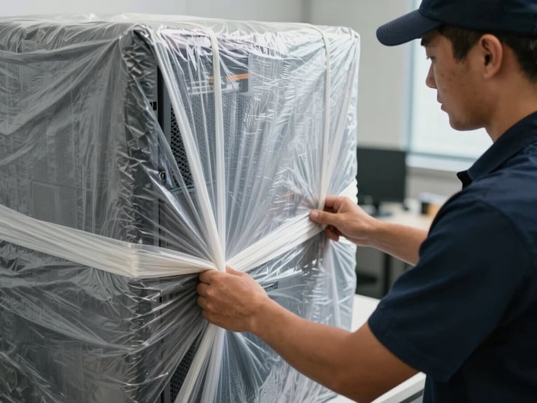 Close-up of a uniformed Relo Pro mover executing precise packing, wrapping a high-end office server in thick protective textiles, crisp high-contrast natural daylight.