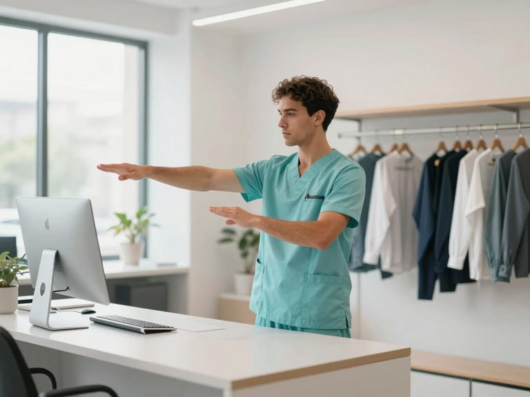 Fisioterapeuta profesional en uniforme clínico mostrando ejercicios de estiramiento a un dependiente en una tienda de ropa moderna, luz natural, estilo corporativo.