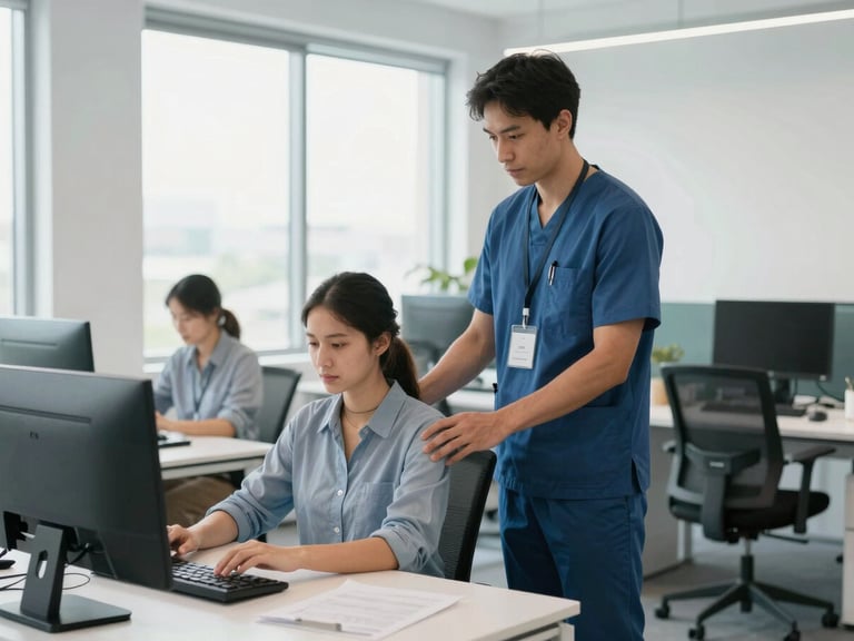 A male nurse in blue scrubs assisting a female colleague at a computer in a modern medical office.