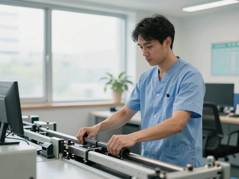 Fisioterapeuta profesional en uniforme clínico trabajando con un operario en una línea de montaje industrial, enfocándose en la biomecánica, luz natural, estilo corporativo.