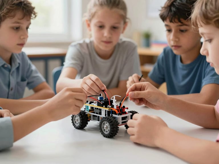 Close-up of diverse K-8 children's hands collaboratively wiring a small wheeled robot chassis on a bright classroom table, natural daylight.
