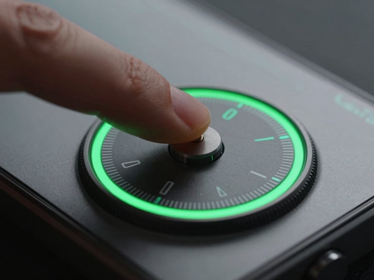 Extreme close-up of a finger rotating a precise radial dial on an Android screen, moody green neon rim light reflecting off matte black metal.