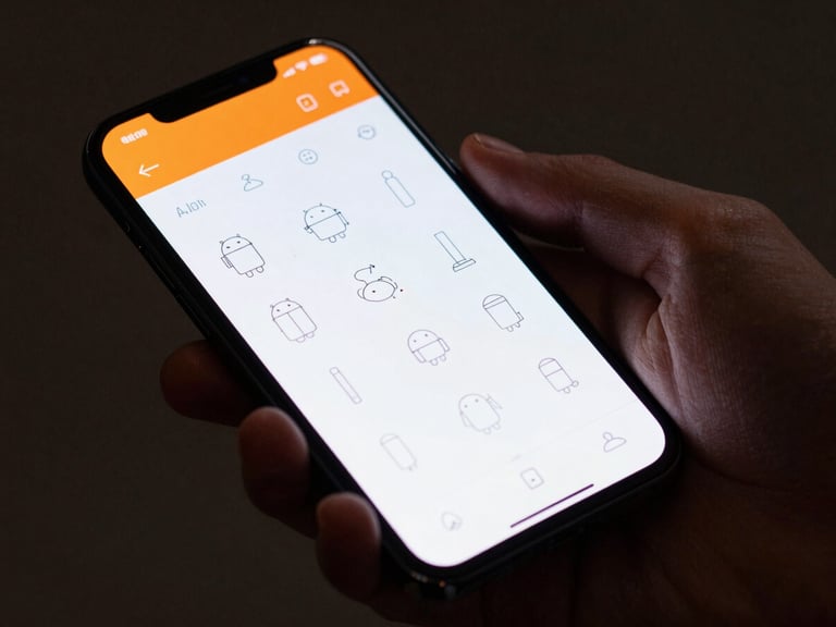 Macro shot of a hand holding an Android phone displaying a crisp vector schematic UI, safety orange accents glowing in low-key studio light.