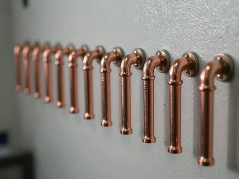 Gros plan technique sur des collecteurs de plomberie en cuivre poli parfaitement alignés et fixés sur un mur technique propre, éclairage de studio précis.