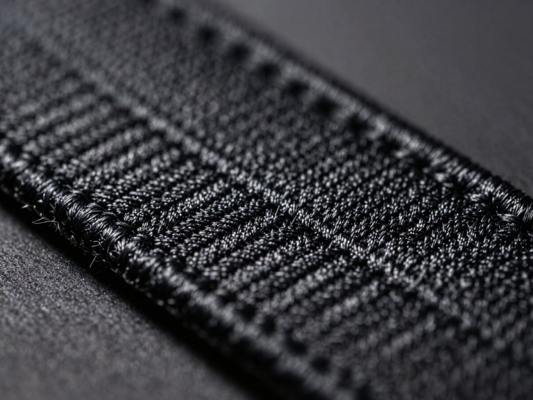 Macro close-up of high-density embroidered patch threads showing tight stitch pattern, dramatic side lighting, dark charcoal background