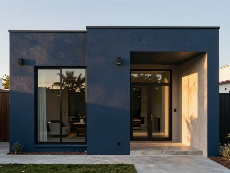 Bright editorial architectural photography of a modern Mexicali home with clean lines, warm golden-hour sunlight casting soft shadows, rich navy accents.