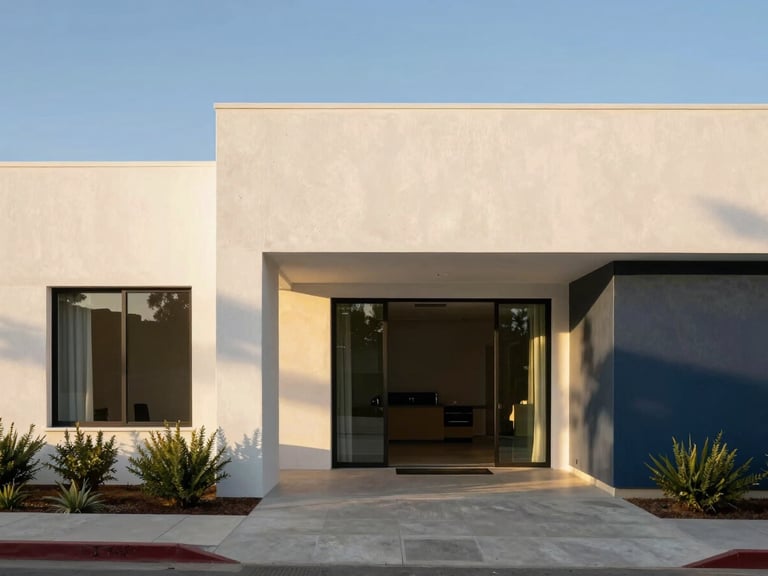 Bright modern architectural photography of a Mexicali house exterior, clean straight lines, warm golden hour sunlight reflecting off white concrete walls, olive green landscaping accents, 35mm lens