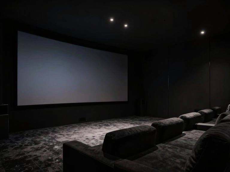 Sleek modern home theater interior, low-key dramatic lighting, high-contrast deep shadows, subtle ambient screen glow, 35mm lens