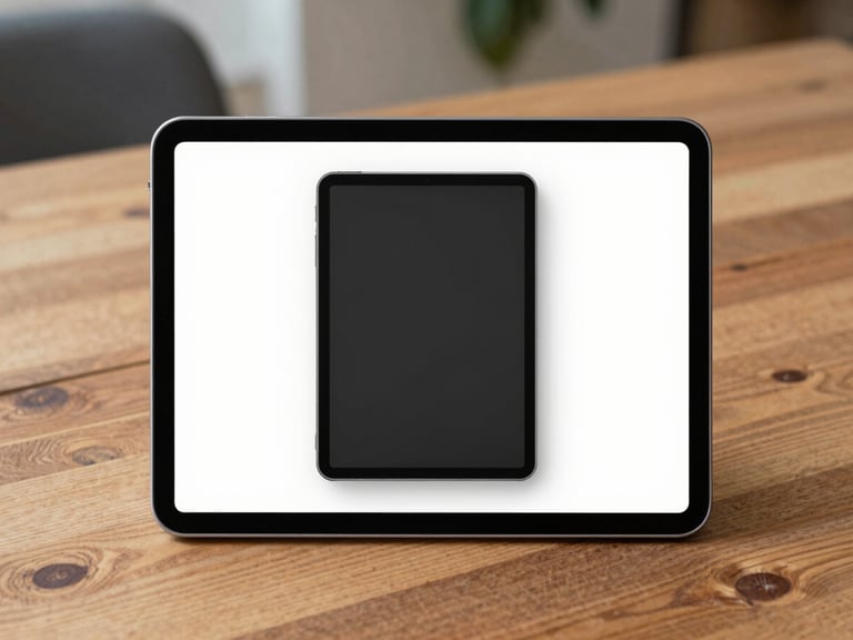 Straight-on shot of a clean mockup of submitted ads displayed on a real tablet screen on a wooden table, bright natural daylight.