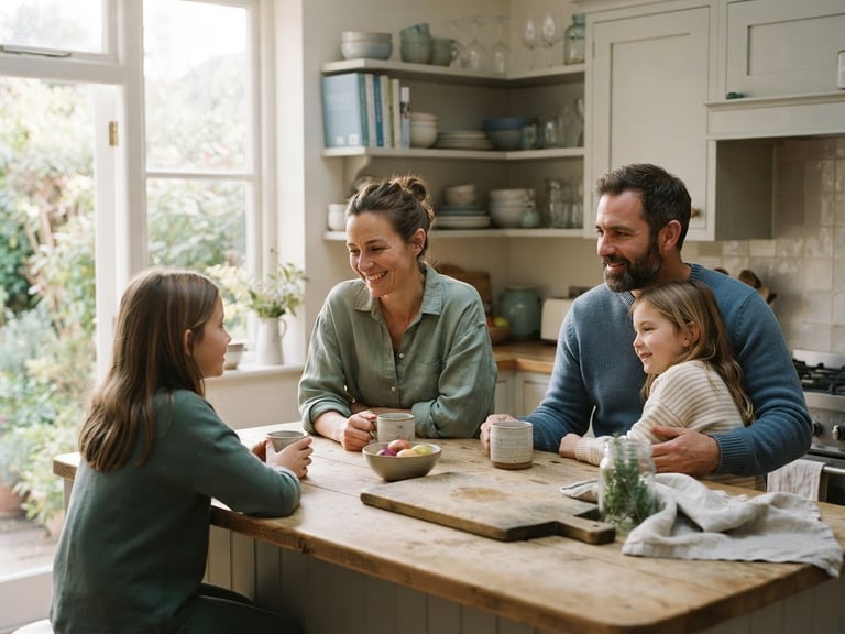 A calm, reflective family in a sunlit kitchen looking relaxed, soft natural morning light, muted blues and sage green tones, shallow depth of field