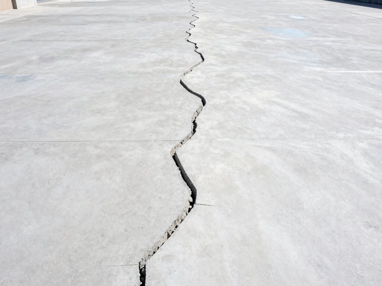 Before and after shot of cracked concrete being restored, showing a smooth, prepped surface, bright daylight, clear transformation.