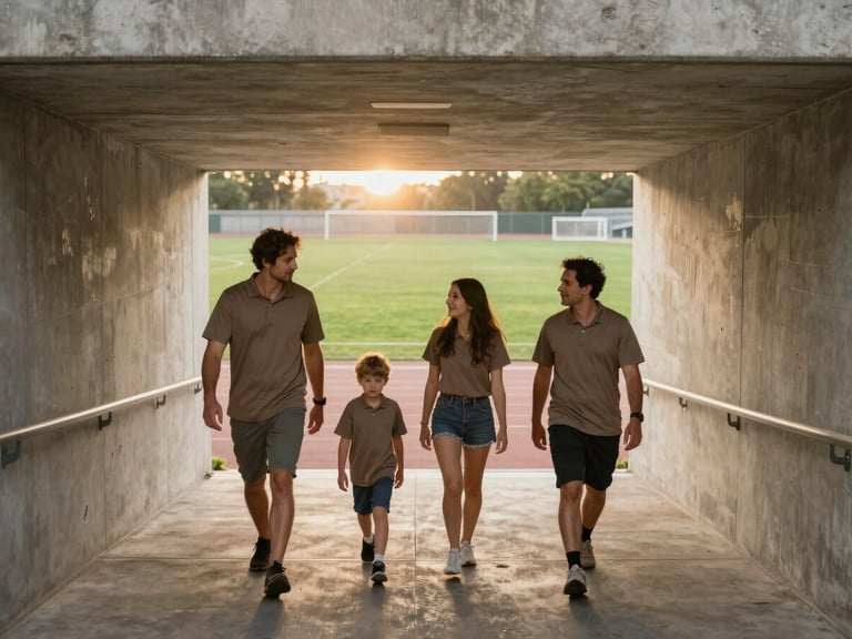 Candid medium shot of an enthusiastic family in team colors walking down a concrete stadium tunnel towards the bright green field, golden hour sun flare