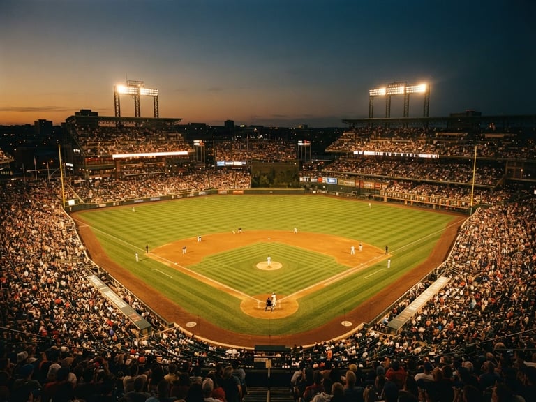Atmospheric wide shot of a major league stadium under brilliant floodlights at dusk, rich shadows, warm golden glow, cinematic 35mm photography