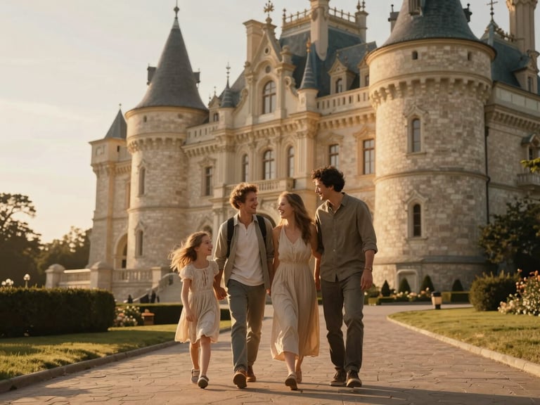 A family laughing on a sun-drenched pathway near an elegant fairytale castle, warm golden-hour light, cinematic editorial framing.