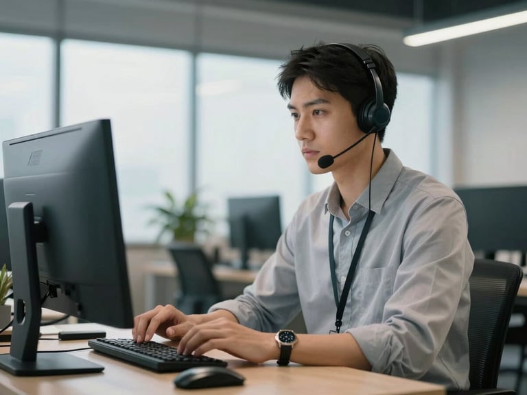 A professional, focused technical support agent in a clean, modern workspace, looking at a screen with cool daylight and office LED lighting, depicting technical capability and calm efficiency.