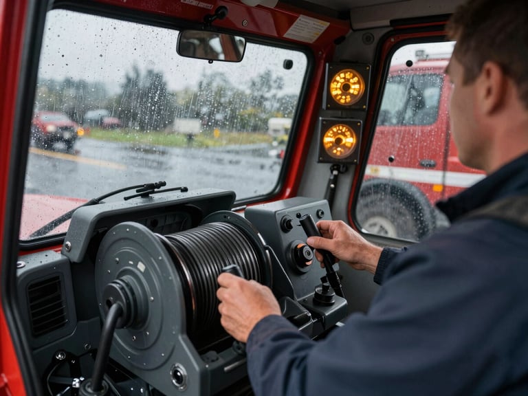 Close-up documentary frame — operator's hands on the winch control panel inside the cab of a heavy wrecker, amber instrument glow, rain-streaked windshield in background, moment of dispatch captured mid-action