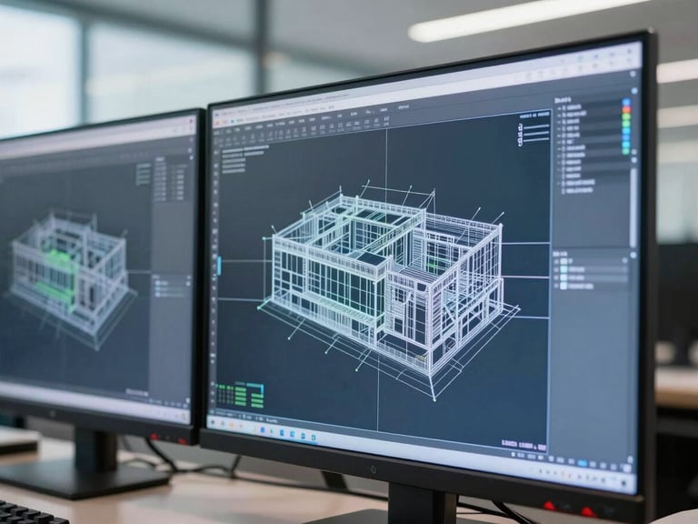 Tight macro photograph of a dual-monitor workstation displaying a complex architectural CAD model, cool blueprint-blue screen glow, crisp daylight reflecting off clean office glass, sharp focus