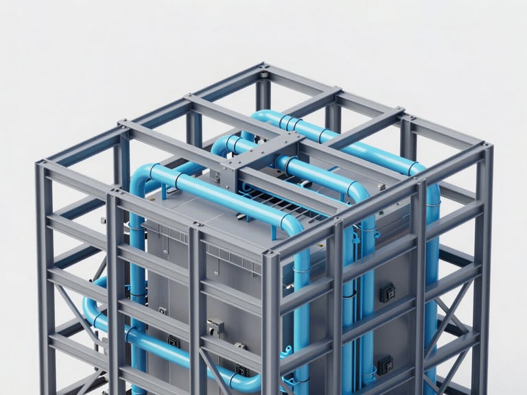Crisp technical rendering of a complex 3D BIM model showing structural steel and mechanical ductwork coordination, cool gray and cyan tones.