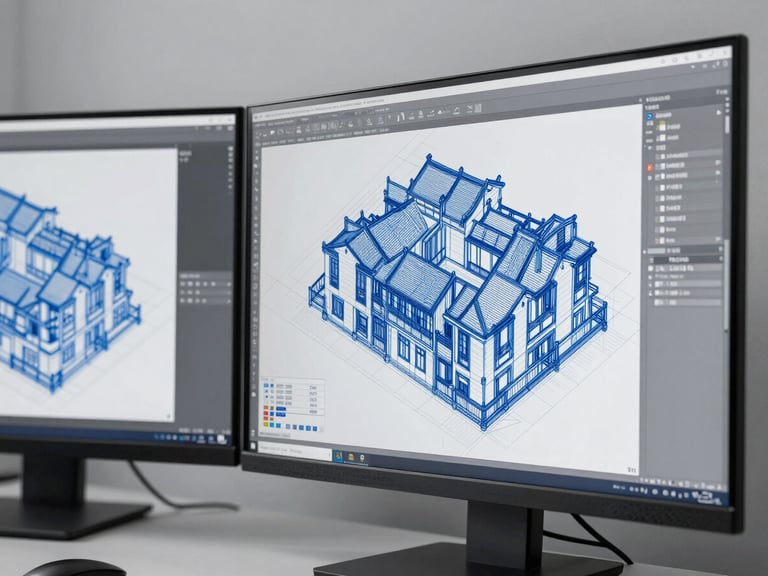 Crisp technical photography of a dual-monitor workstation displaying a highly complex architectural CAD wireframe model, bright clean studio light, cool gray tones.