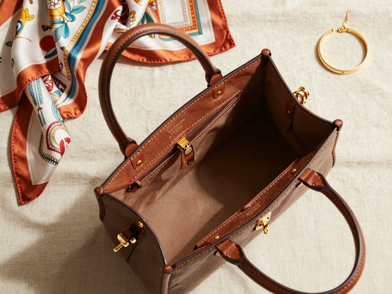 Overhead flat-lay of an open designer handbag showing interior leather stitching and hardware, beside folded vintage silk scarves and a gold bracelet on cream linen, bright north-facing daylight