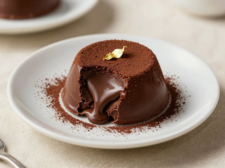 Close-up straight-on shot of a Valrhona chocolate fondant on a white plate, molten center just revealed, dusting of cocoa powder, single gold-leaf accent, soft north-facing daylight, cream linen beneath