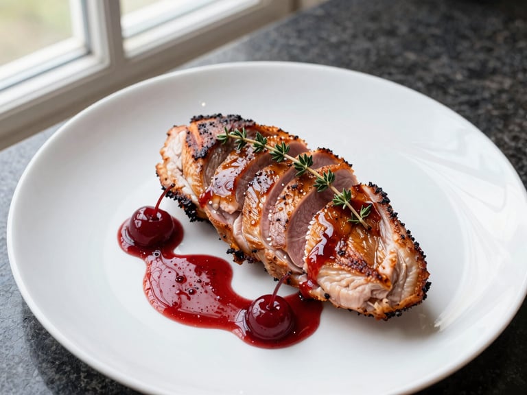 Overhead close-up of a pan-seared duck breast sliced and fanned across a white plate, cherry reduction pooled beside it, garnished with thyme sprigs, north-facing window light, dark stone counter beneath