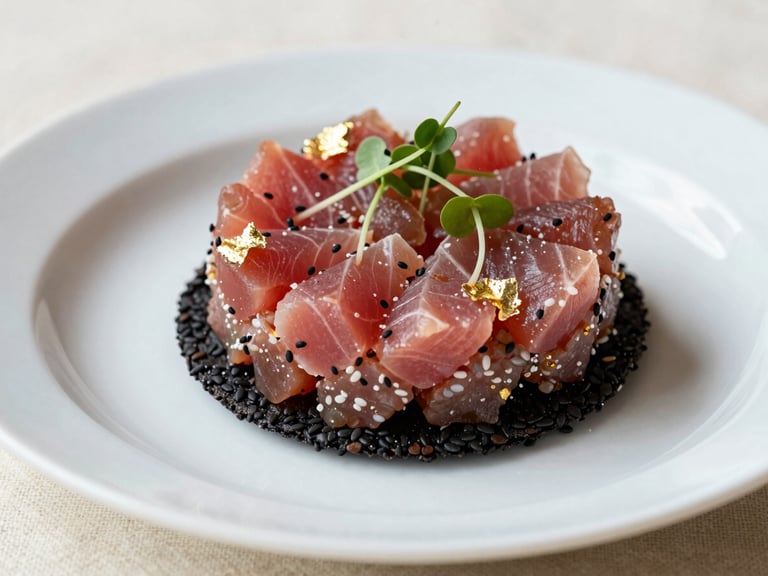 Extreme close-up of a tuna tartare on a black sesame crisp, plated on white porcelain, micro-herbs and gold leaf accent, natural daylight from the left, generous negative space on cream linen beneath